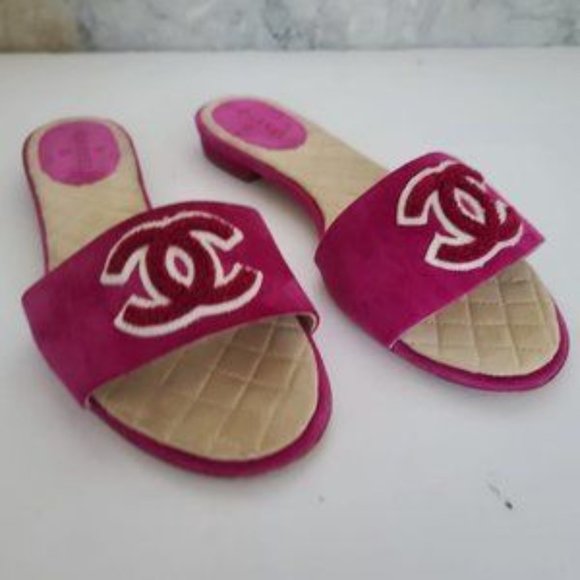 CHANEL Shoes - Chanel Pink Swede Sandals Slip Ons